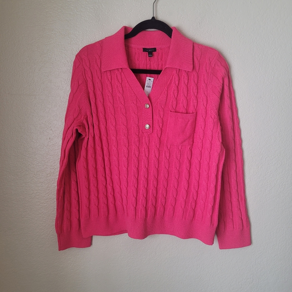 Talbots Pink Cable-Knit Polo Sweater - Picture 2 of 7